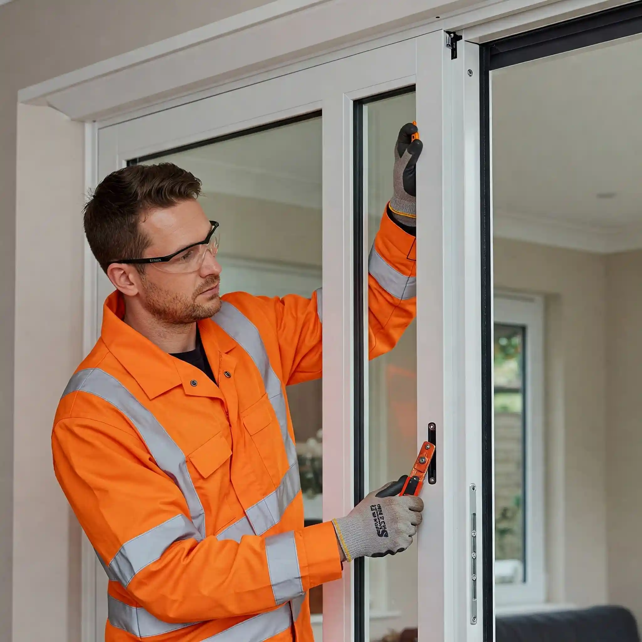 Technician using specialized tools for precision aluminium door repair in London